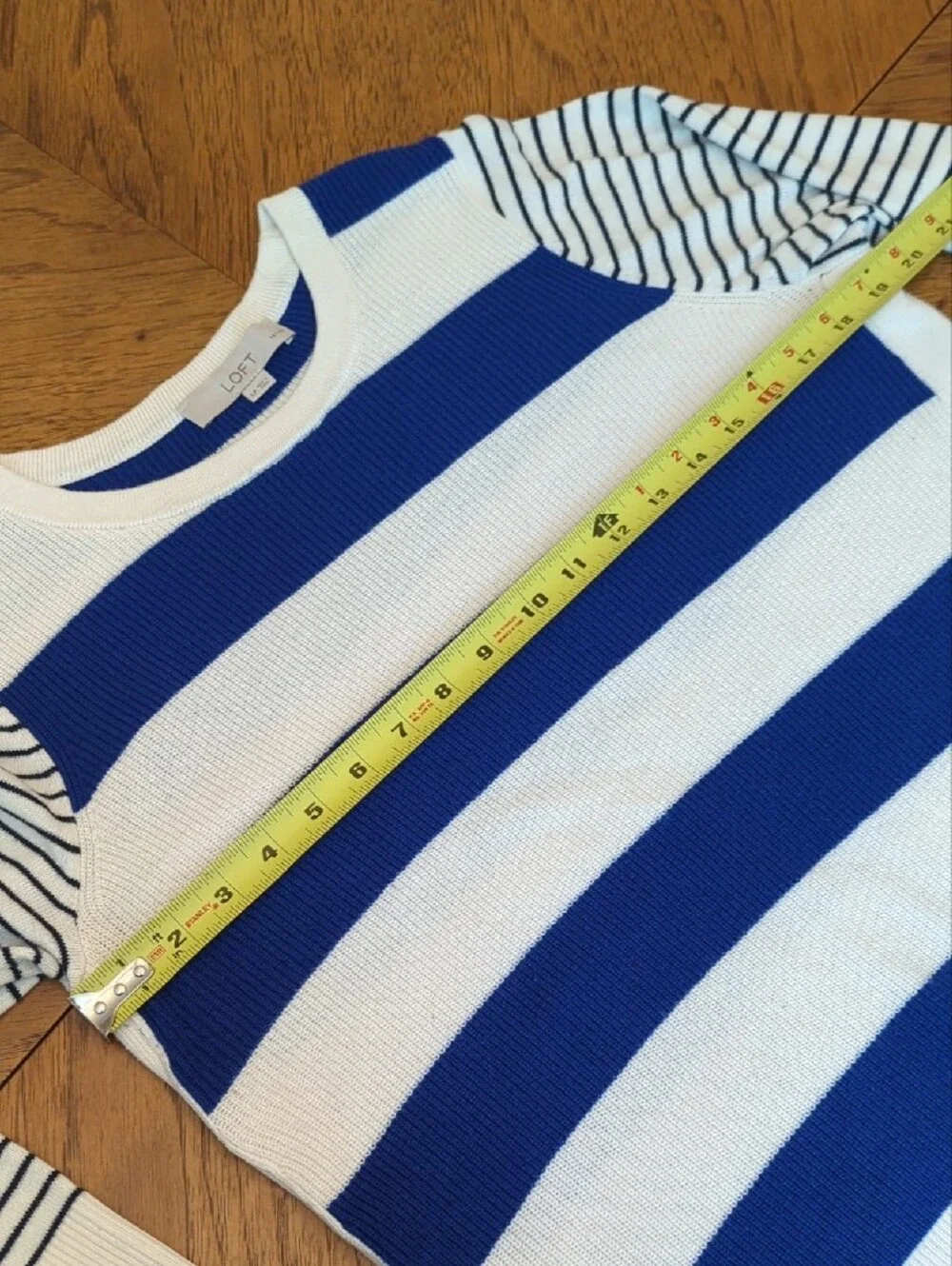 LOFT Blue, Black, and White Striped Crewneck Sweater